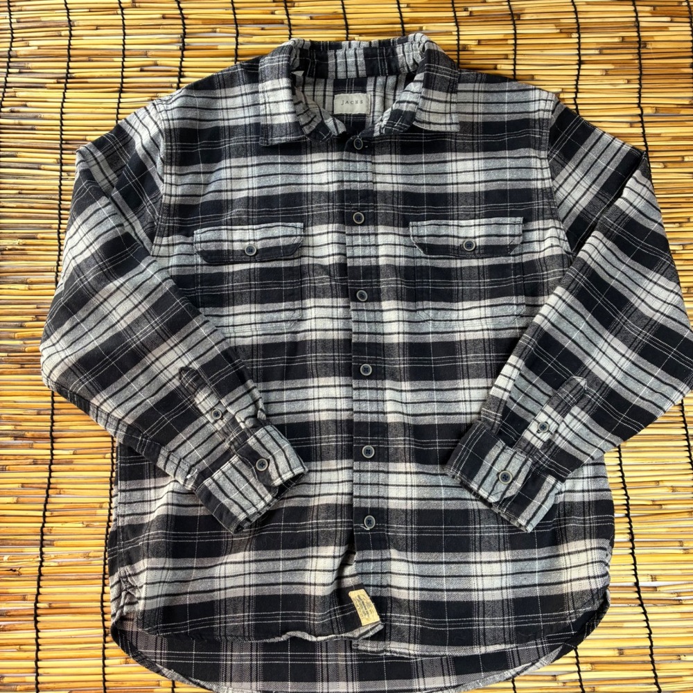 Jachs NY Mens Black Grey White Plaid Cotton Flannel Button Down Shirt 974954